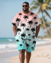 Men's Plus Size Red Blue Coconut Gradient Print Round Neck Short Sleeve T-shirt Shorts Suit